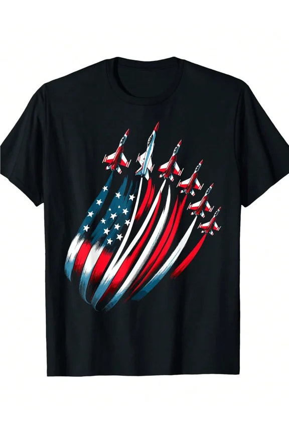 Patriotic American Flag Fighter Jet Graphic Tee - Retro Military Aviation USA Pride Men's T-Shirt - Independence Day Veteran Gift