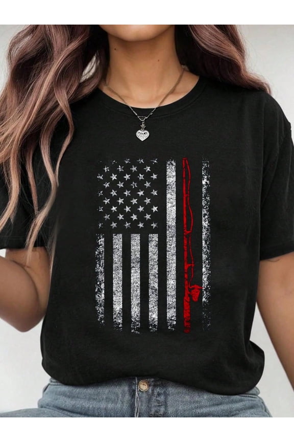 Patriotic American Flag Fishing Rod T-Shirt Distressed USA Fisherman Tee Unisex Adult Apparel