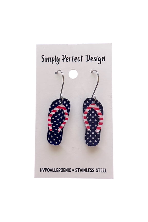 Patriotic American Flag Flip Flop Dangle Earrings for Women - Hypoallergenic Stainless Steel Red White Blue July 4th Jewelry - Handmade in USA