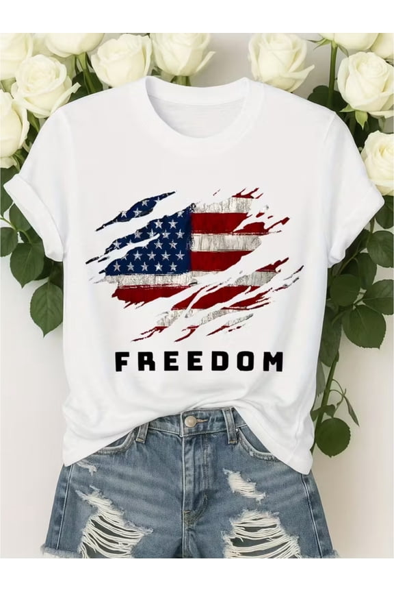 Patriotic American Flag Freedom Graphic T-Shirt Distressed USA Pride Vintage Retro Unisex Casual Summer Tee Fourth of July Independence Day Apparel