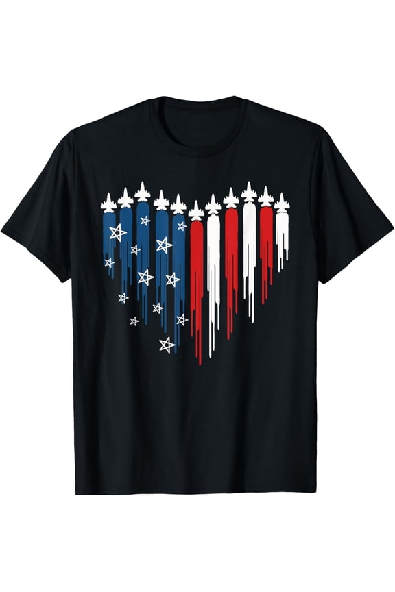 Patriotic American Flag Heart Fighter Jet T-Shirt - Retro USA Military Aviation Tee for Men and Women - 4th of July Independence Day Veteran Gift