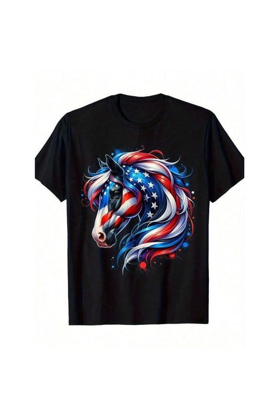 Patriotic American Flag Horse Graphic T-Shirt - Retro USA Stallion Equestrian Tee for Men and Women - Red White and Blue Artistic Design