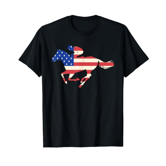 Patriotic American Flag Horse Racing Jockey Graphic Short Sleeve Tee for Men Women