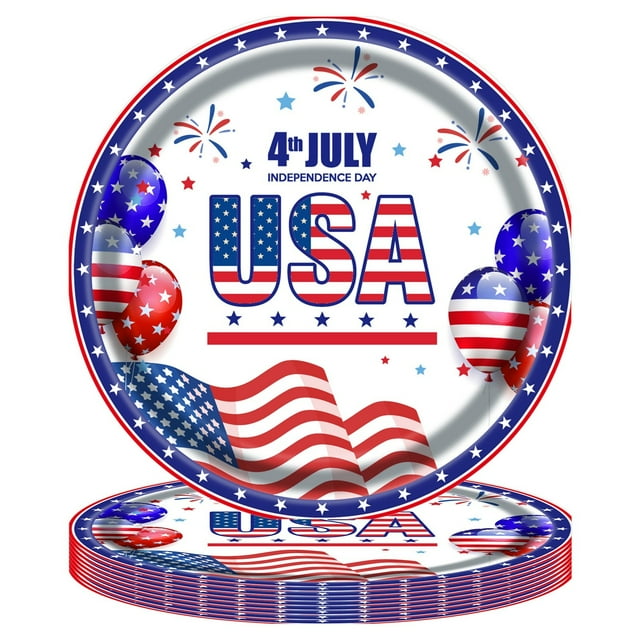 Patriotic American Flag Party Supplies Tableware Set Paper Plates and Napkins for Independence Day 4th of July USA Red White Blue Barbecue Birthday Disposable Dinnerware Decor