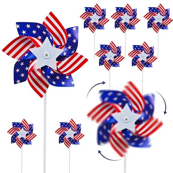 Patriotic American Flag Pinwheels for 4th of July Decorations, Set of 10 Decorative Spinner Garden Stakes for Independence Day, Yard, Lawn, and Party Supplies