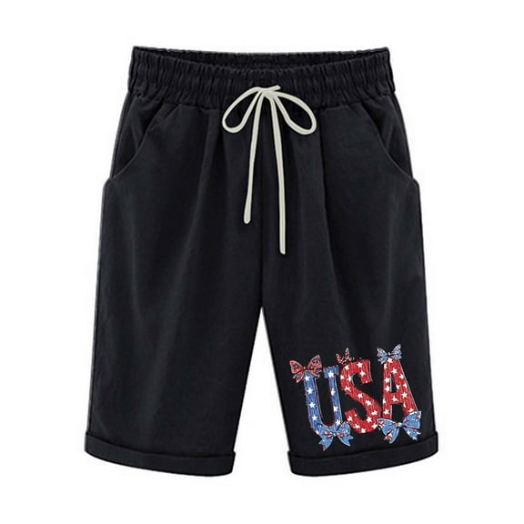 Patriotic American Flag Print Women's Shorts - Mid Rise Elastic Waist Cotton Lounge Pants, 4th of July Themed Casual Summer Wear for Travel & Outdoor Celebrations