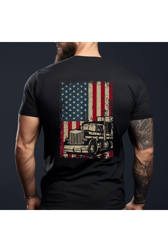Patriotic American Flag Semi Truck Driver T-Shirt, Vintage USA Big Rig Highway Graphic Design, Trucking Pride Road Culture, Unisex Cotton T-Shirt, Size S-5XL