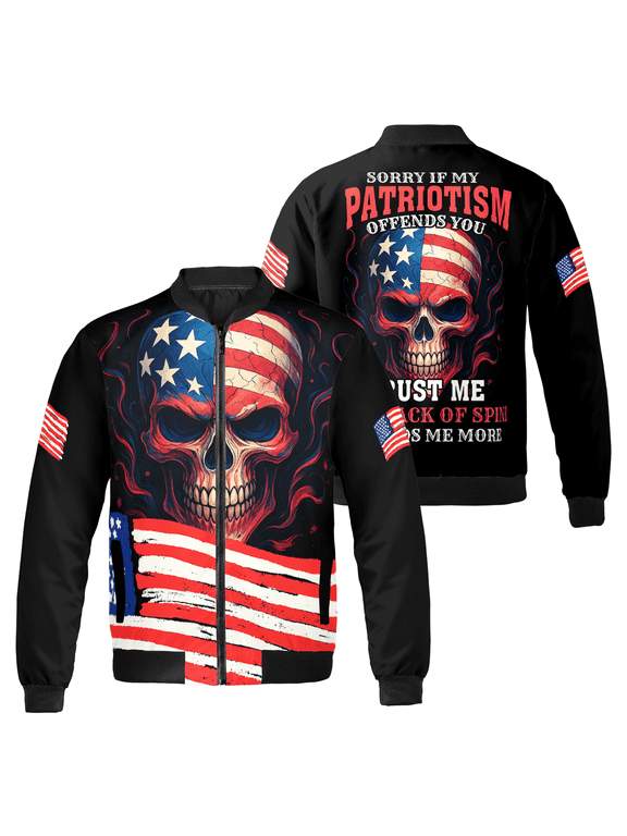 Patriotic American Flag Skull Graphic Bomber Jacket Independence Day Gift Outerwear Jacket