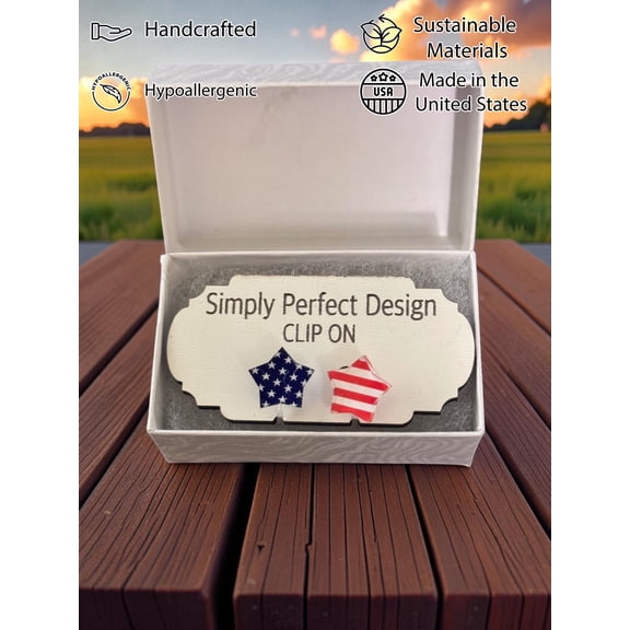 Patriotic American Flag Star Clip-On Earrings for Women - No Piercing Required Hypoallergenic Red White Blue July 4th Jewelry - Handmade in USA