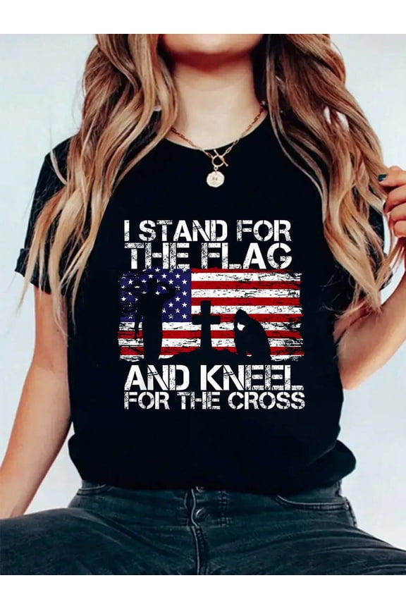 Patriotic American Flag T-Shirt I Stand For The Flag And Kneel For The Cross Religious Christian Tee Men Women Short Sleeve Black Graphic Top