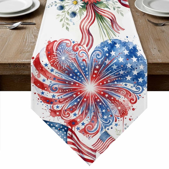 Patriotic American Flag Table Runner Linen Burlap Table Runner 90 Inches Long Red Blue Fireworks Daisy Flowers Dresser Scarves for Kitchen Island Coffee Dining Room Party Wedding Decor 13"x90"