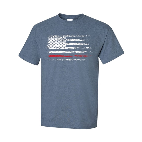 Patriotic American Flag Thin Red Line Firefighters Short Sleeve T-shirt-Heather Indigo-xl