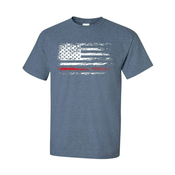 Patriotic American Flag Thin Red Line Firefighters Short Sleeve T-shirt-Heather Indigo-xl