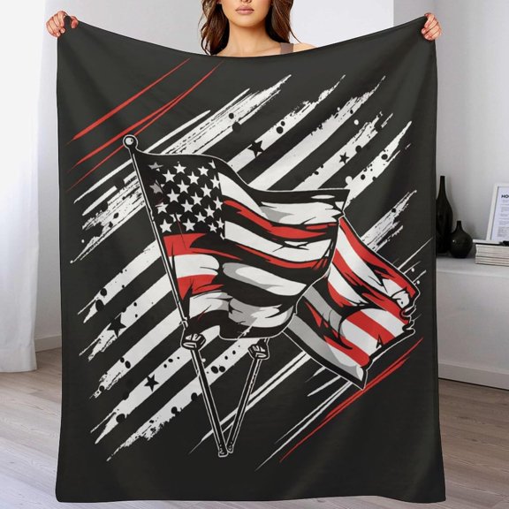Patriotic American Flag Throw Blanket, Soft Cozy Warm Flannel USA Stripe Star Black Blanket for Couch Sofa Bed, 30"x40"
