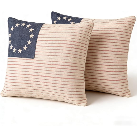 Patriotic American Flag Throw Pillow Covers, Linen, 18x18 Inch, Set of 2, Farmhouse Style, Machine Washable