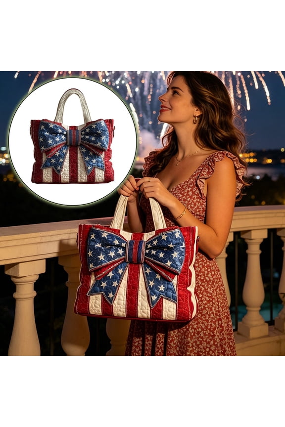 Patriotic American Flag Tote Bag, 4th of July Star & Stripe Bow Handbag, Reusable Red White Blue Shoulder Bag for Beach, Travel, and Independence Day