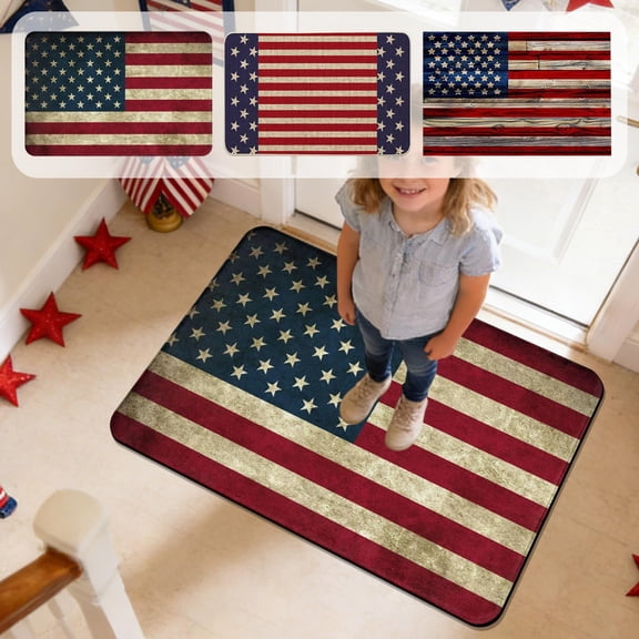 Patriotic American Flag Welcome Door Mat, Vintage Linen Surface with Non-Slip Rubber Backing, Indoor Outdoor Floor Rug for 4th of July, Independence Day & Home Entrance Decoration, 17.72*23.62in, A