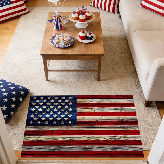 Patriotic American Flag Welcome Door Mat, Vintage Linen Surface with Non-Slip Rubber Backing, Indoor Outdoor Floor Rug for 4th of July, Independence Day & Home Entrance Decoration, 17.72*23.62in, C