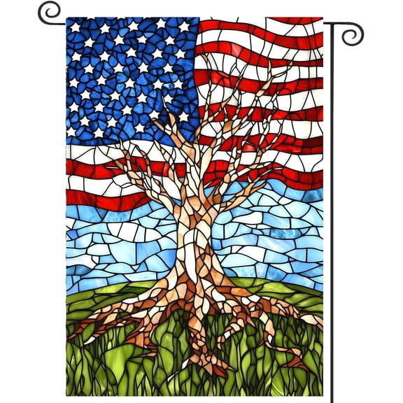 Patriotic American Garden Flag Stained Glass Tree Life Yard Flags for Outside 12x18 Double Sided Small 250 Anniversary USA 4th of July Independence Memorial Day Decor