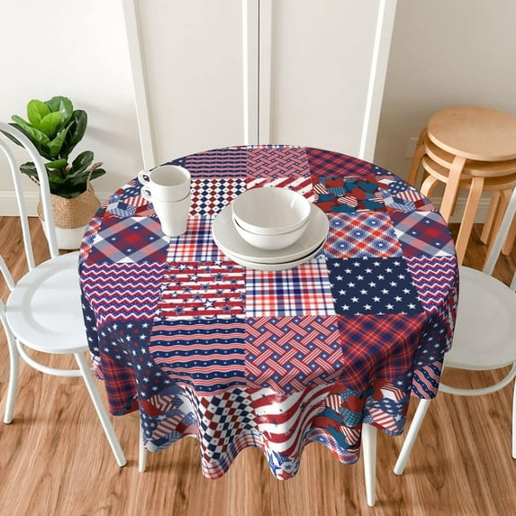 Patriotic American Plaid Round Tablecloth 60 Inch, Decorative Holiday Home Party Table Cloth for Kitchen Dining Picnic Table Cover