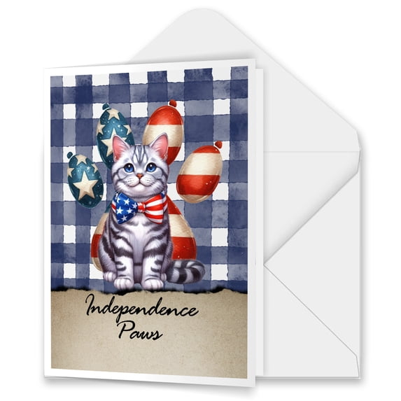 Patriotic American Shorthair 4th of July Independence Paws 5x7in Folded Greeting Card Cat Lover Kitten Owner Gifts Single Note Card with Envelope - 02010