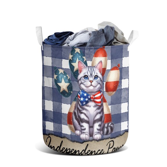 Patriotic American Shorthair 4th of July Independence Paws Foldable Laundry Basket Cat Lover Kitten Owner Gifts Organizer Storage with Handles - 02010