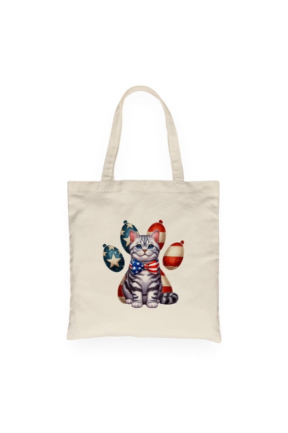 Patriotic American Shorthair 4th of July Independence Paws Canvas Tote Bag Cat Lover Kitten Owner Gifts Reusable Shopping Grocery Bag - 02010