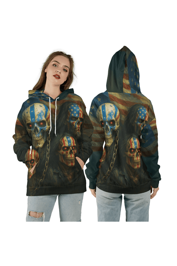 Patriotic American Skull 3D Hoodie, USA Flag Pattern 3D Hooded Sweatshirt, Gothic Punk Biker All Over Print Unisex Streetwear Hoodie