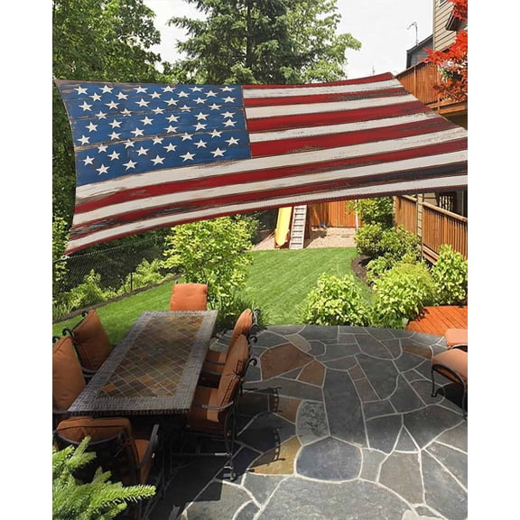 Patriotic American Sun Shade Sail 14'X18' Flag Star Striped Vintage Wood Grain UV Block Outdoor Sail Shades Breathable Waterproof Rectangular Sunshade for Patio Garden Pool Pergola Porch