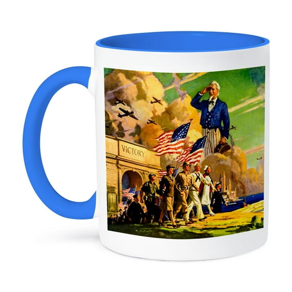 3dRose, Patriotic American World War II Vintage 1940s Uncle Sam Armed Forces, 15oz Two-Tone Blue Mug