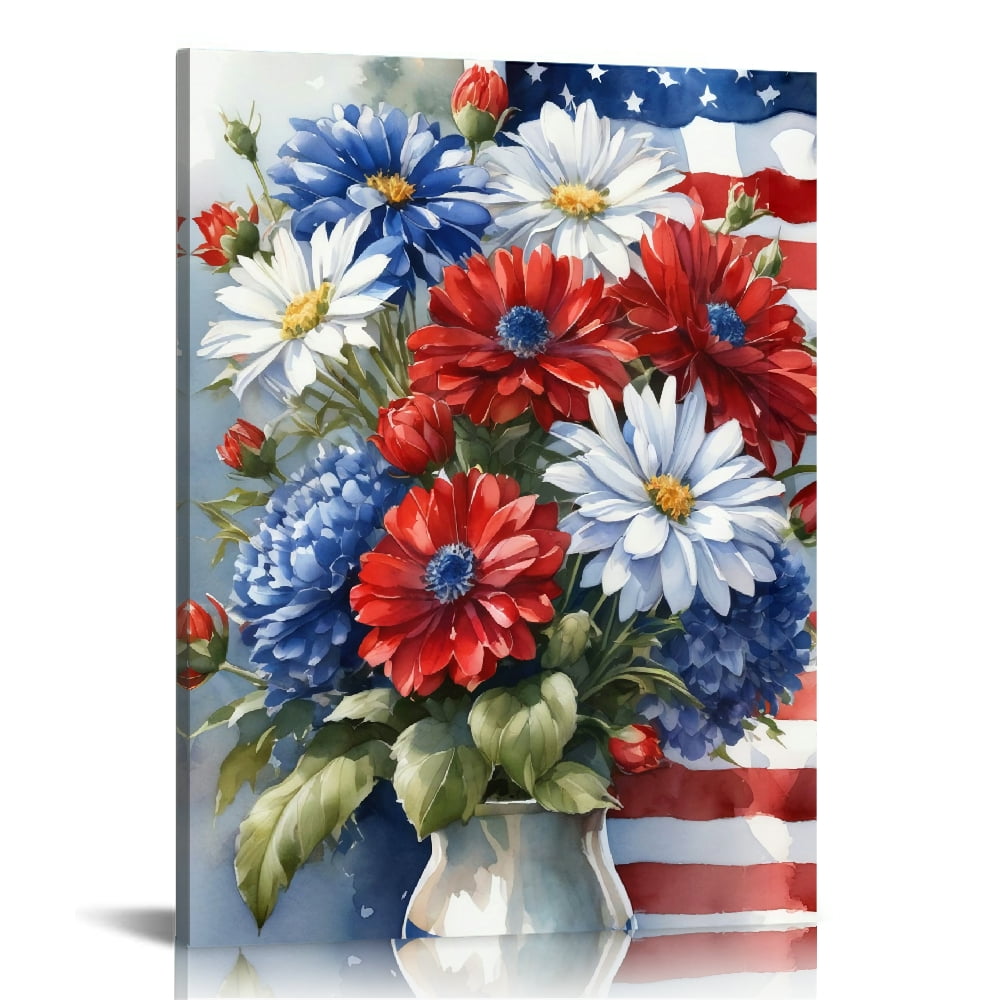 Patriotic American flag Flower Canvas Wall Art Print ,Vintage 4th July ...