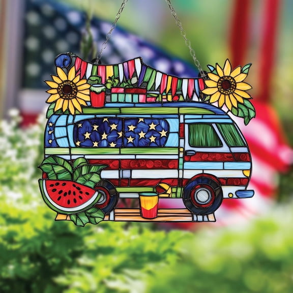 Patriotic Americana Camper Van 2D Flat Acrylic Sun Catcher - Window Hanging,Sunflower Flag Detail,Vintage Hippie Van Style,Home Decor Gift,Window Art