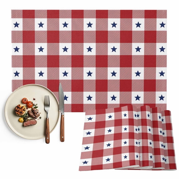 Patriotic Americana Star Gingham Plaid Placemats Set of 6, Red/White/Blue Table Mats Washable Heat-Resistant Non-Slip Place Mats for Kitchen Dinner Table Indoor Outdoor Decor,13x19 Inch