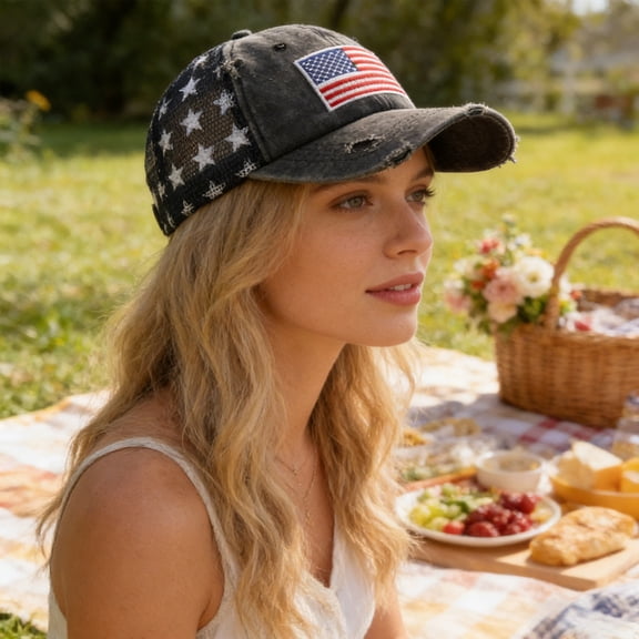 Patriotic Americans Flag Embroidered Baseball Cap with Breathable Mesh Back, Vintage Washed Look, Adjustable Fit - Ideal for Men and Women for Outdoor Activities, Hiking, Beach Trips
