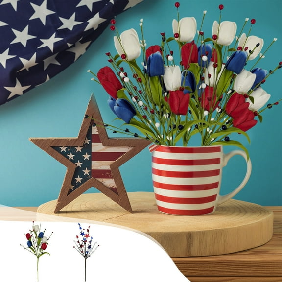 Patriotic Artificial Berry Stem Picks White Blue Red Stars for 4th of July Independence Day, Pentagram Faux Berry Branches Decoration for Home Office Restaurant Vase Decor