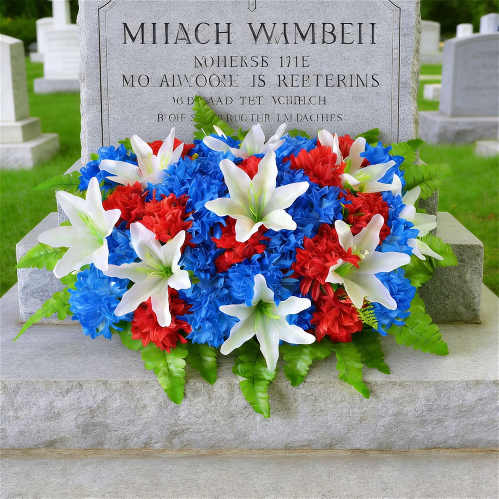 Patriotic Artificial Cemetery Saddle Flowers, Red White Blue Lily & Mum Headstone Saddle, Weatherproof UV Resistant Memorial Day Grave Decorations for Veterans Headstones