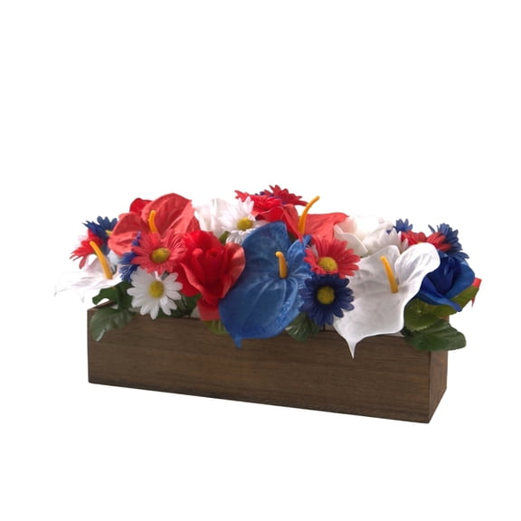 Patriotic Artificial Daisy Flower Box, Red White and Blue Floral Wooden Centerpiece, for 1776-2026 Commemorations, 4th of July Decorations for Dining Tables and Front Porch Display Setups