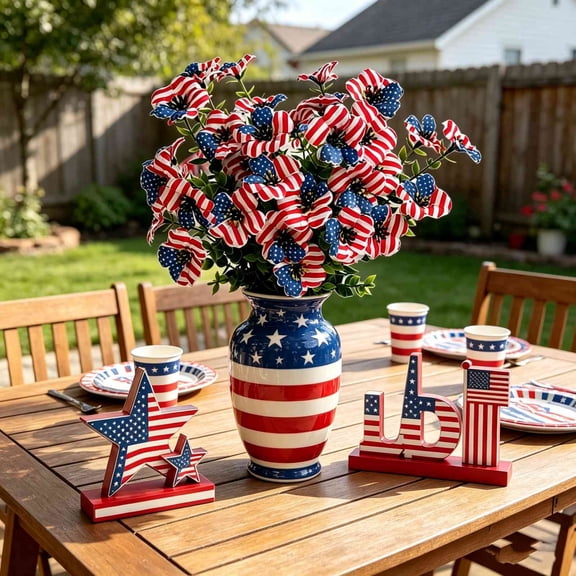 Patriotic Artificial Flower,12.5 Inch Red White Blue Independence Day Flower,American Stars and Stripes Pattern Artificial Bouquet for Home Party Centerpiece Decoration