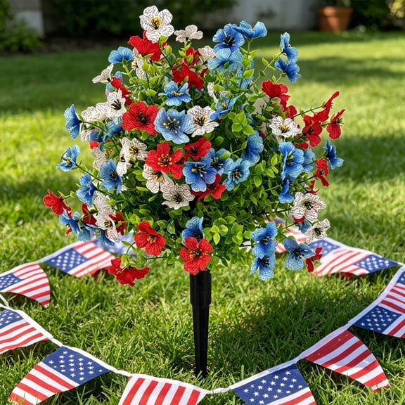 Patriotic Artificial Flower Bush, 40 Stems 120 Blooms Ground Stake, Vivid Floral Ornament, Festive Outdoor Decor for Garden, Yard and Holiday Landscape Arrangement, Multicolor