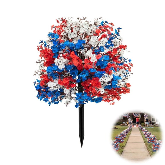 Patriotic Artificial Flowers with Ground Stakes, Red White Blue UV Resistant Outdoor Decor, 4th of July Topiary Ball Trees for Porch Patio Yard Garden