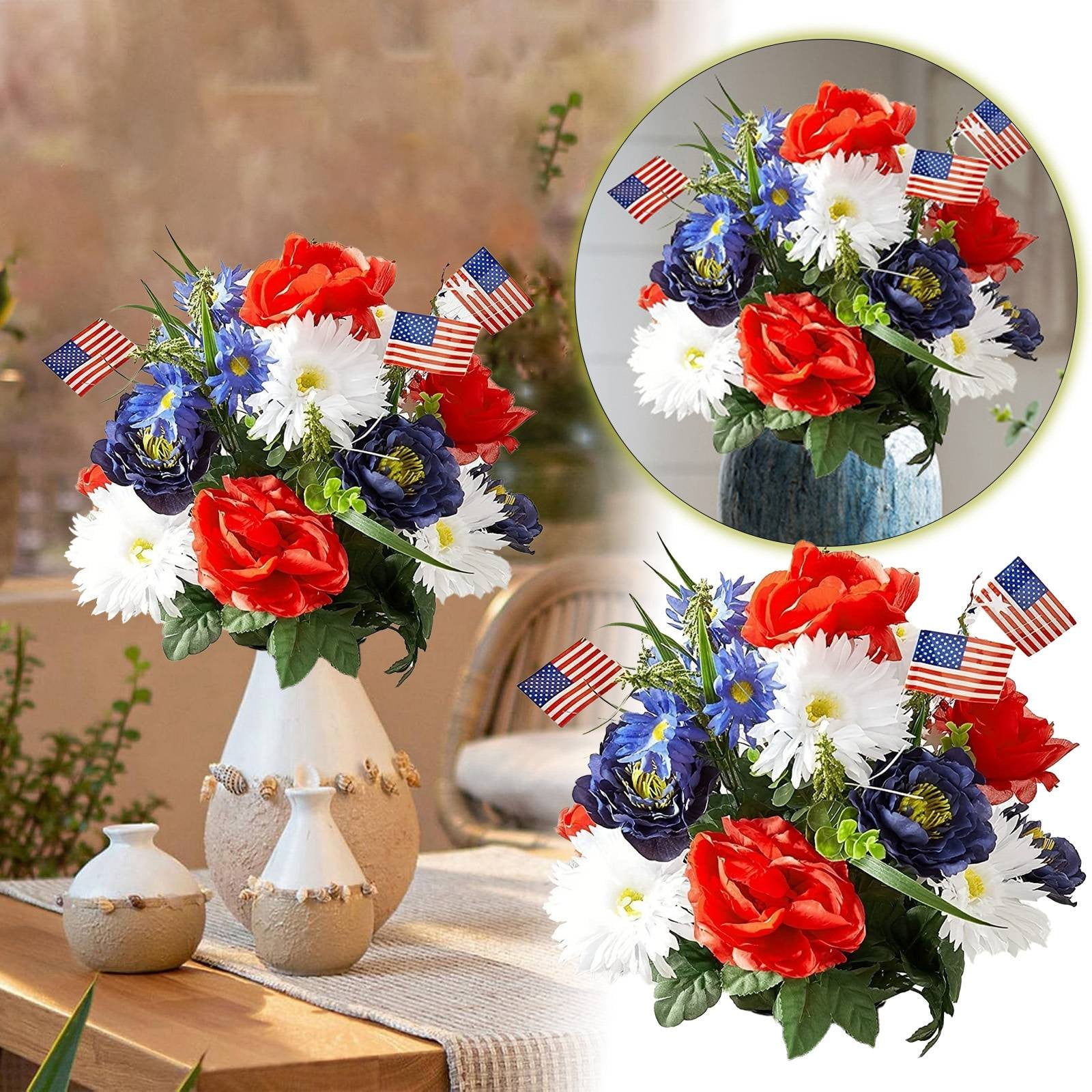 Patriotic Artificial Flowers Red White Blue Silk Bouquet for ...