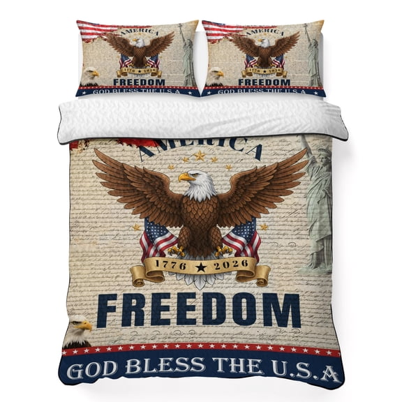 Patriotic Bald Eagle 3 Piece Quilt Bedding Set with 2 Pillow Shams, 1776-2026 Statue of Liberty Lightweight Bedspread Coverlet, Soft Breathable All Season Quilt, 68 x 86 Inch