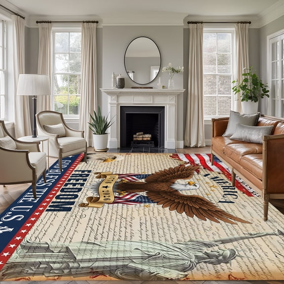 Patriotic Bald Eagle 8'x10' Large Area Rug for Living Room Sectional Sofa, 1776-2026 Statue of Liberty Washable Non Slip Low Pile Rectangle Area Rug