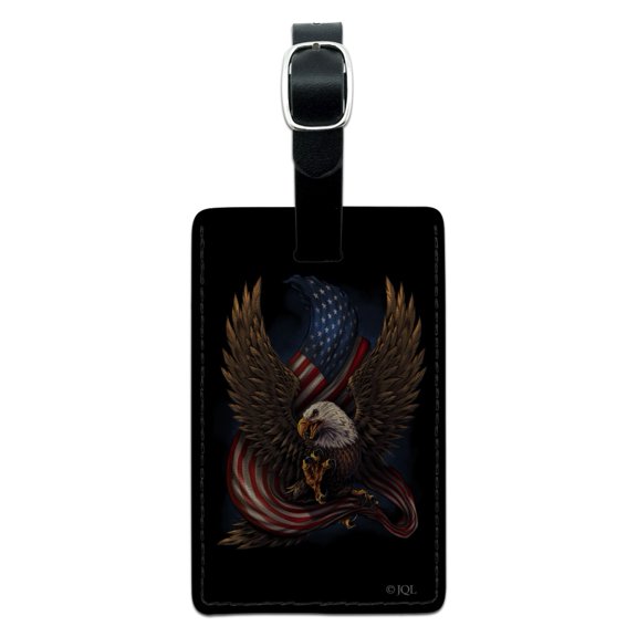 Patriotic Bald Eagle American USA Waving Flag Rectangle Leather Luggage Card Suitcase Carry-On ID Tag