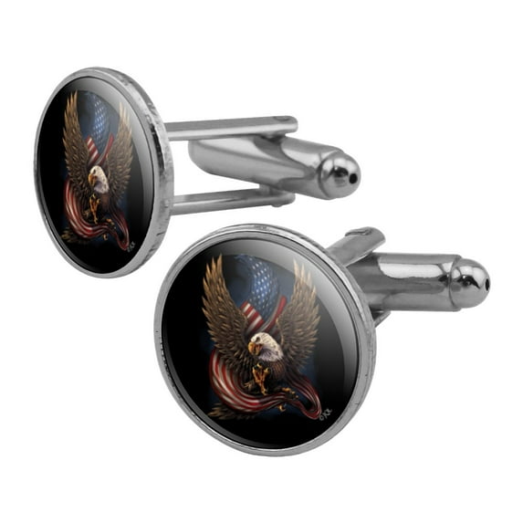 Patriotic Bald Eagle American USA Waving Flag Round Cufflink Set Silver Color