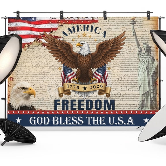 Patriotic Bald Eagle Backdrops for Photography, 1776-2026 Statue of Liberty Fabric Photo Background Sturdy Studio Props for Photo Studio, Video Recording, Booth & Photoshoot 7x5ft