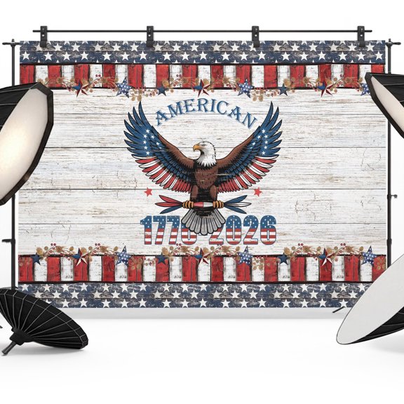 Patriotic Bald Eagle Backdrops for Photography, Rustic Wood 1776-2026 American Flag Fabric Photo Background Sturdy Studio Props for Photo Studio, Video Recording, Booth & Photoshoot 7x5ft