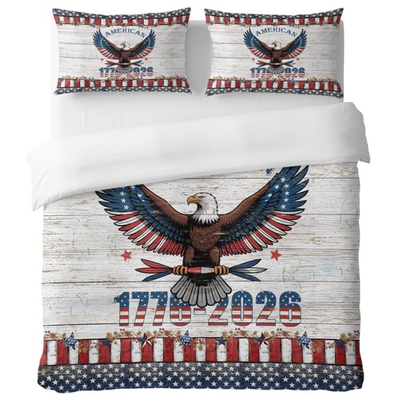 Patriotic Bald Eagle California King Duvet Cover Set, Rustic Wood 1776-2026 American Flag Decorative 3 Piece Bedding Set with Zipper Closure Soft Breathable Microfiber Comforter Cover & 2 Pillowcases