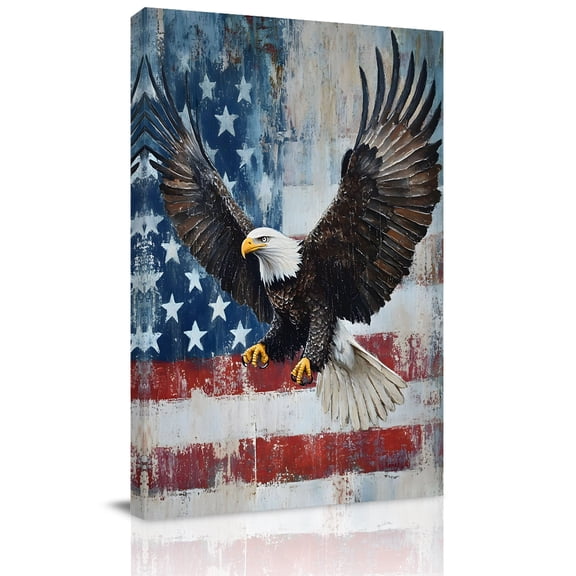 Patriotic Bald Eagle Canvas Wall Art for Living Room, Retro American Flag Independence Day Poster Print Painting for Bedroom Office Home Decoration Wall Pictures Prepare To Hang 8"x12"