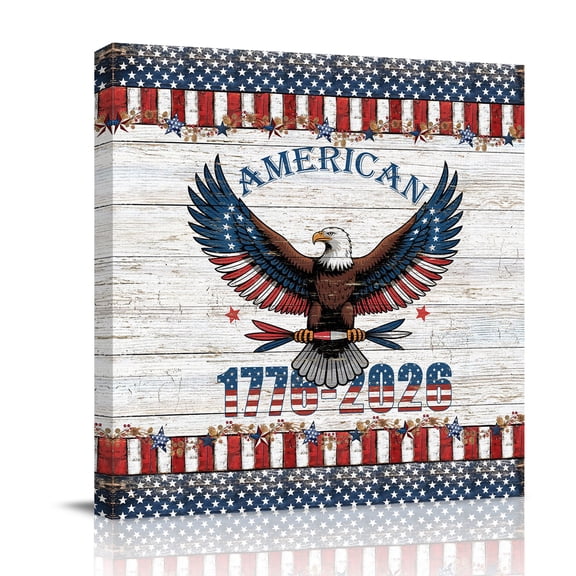 Patriotic Bald Eagle Canvas Wall Art for Living Room, Rustic Wood 1776-2026 American Flag Poster Print Painting for Bedroom Office Home Decoration Wall Pictures Prepare To Hang 8"x8"